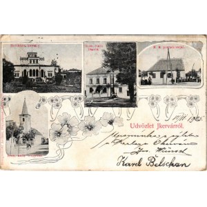 1905 Ikervár (Sárvár), Batthyány kastély, Római katolikus templom és iskola, M. kir. postahivatal. Steegmüller Arthur fényképész, szecessziós-virágos keret / Art Nouveau, floral (fl)