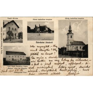 1915 Jánk (Jánkmajtis), vasútállomás, Római katolikus templom, Görögkatolikus templom, Gróf Hadik-Barkóczy Endre hengermalom és olajgyára. Balog és Salamon kiadása (ázott sarok / wet corner)