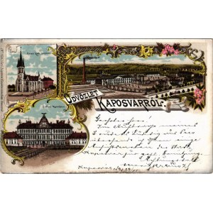 1898 Kaposvár, Római katolikus templom, cukorgyár, új állami főgimnázium. Gerő Zsigmond kiadása, Art Nouveau, floral, litho (EK)