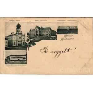 Kecskemét, Izraelita templom, zsinagóga, Városháza, Gyalogsági laktanya, Nagykőrös utca torkolata a Beretvás szállodával. Gross Simon kiadása, Art Nouveau, floral (EB)