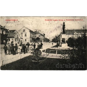 1905 Keszthely, Kossuth Lajos utca a Festetich szoborral, Pler Lipót üzlete, posta és távirda. S.D.M. 2021. (EK)