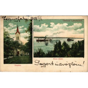 1909 Leányfalu, Római katolikus templom, Dunai részlet, gőzhajó, hajómalom. Princz József kiadása / Danube with ship mill (boat mill) (EK)