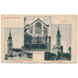 1909 Mezőcsát, Református templom, Izraelita templom, zsinagóga, Római katolikus templom. Friedmann Herman kiadása (r)