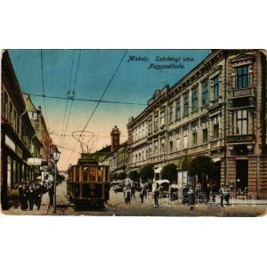 1949 Miskolc, Széchényi utca, nagyszálloda, villamos, üzletek. Grünwald Ignác kiadása (Rb)