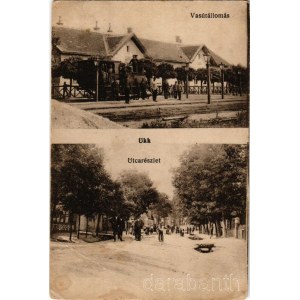 Ukk, Vasútállomás, gőzmozdony, vasutasok, utcarészlet. Vasúti levelezőlapárusítás 7000. (fa)