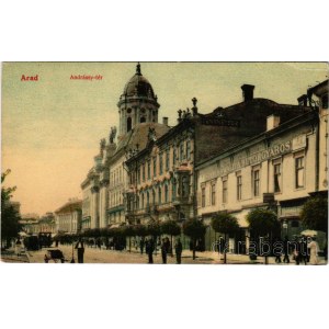 1913 Arad, Andrássy tér, Steigerwald A. bútorgyáros, Morgenstern Gyula, Hegedűs Gyula, Gellér I. üzlete, autóbusz / square, shops, autobus