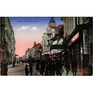 1914 Arad, Atzél Péter utca, Fehér Kereszt szálloda, Apollo mozgószínház, mozi, üzletek. Kerpel Izsó kiadása / street view, hotel, cinema, shops (EK)