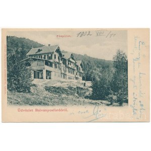 1902 Bálványosfürdő, Bálványosfüred, Baile Bálványos (Torja, Turia); fürdő főépület. Divald fénynyomatú műintézetéből / spa, hotel, bathhouse (gyűrődés / crease)