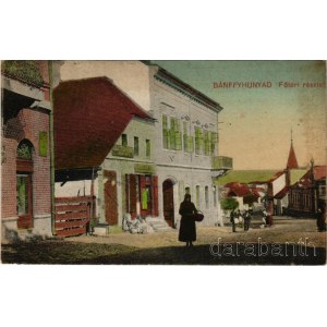 Bánffyhunyad, Huedin; Fő tér, Goldstein Bernát bádogos, Diamantstein üzlete. Fogyasztási szövetkezet kiadása / main square, shops (fl)