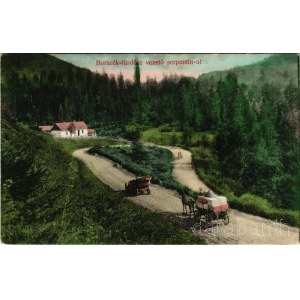 Borszék, Borsec; Borszék-fürdőre vezető szerpentin út, lovaskocsi, automobil / road to the spa, horse-drawn carriage, automobile (EK)