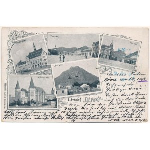 1898 Déva, Vármegyeháza, Piactér, Fő utca, Déva vára, Vajdahunyad vára. Hirsch Adolf kiadása, szecessziós-virágos keret / county hall, market square, main street, castle ruins, castle in Hunedoara. Art Nouveau, floral (EM)
