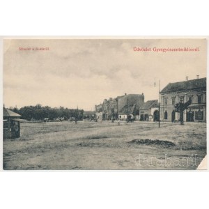Gyergyószentmiklós, Gheorgheni; Fő tér, üzletek, pavilon áruda. Sándory Mihály kiadása / main square, shops (r)