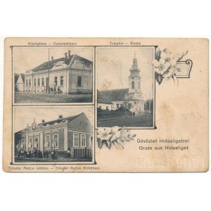1915 Hidasliget, Bruckenau, Pischia; Községháza, Templom, Tröszter Mátyás lakháza. Szecessziós-virágos keret / town hall, church, villa, apartment of Tröszter. Art Nouveau, floral (EM)