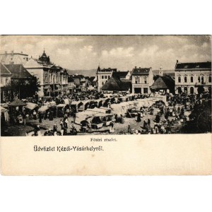 Kézdivásárhely, Targu Secuiesc; Fő tér, piac, Dávid Gyula üzlete / main square, market, shops (EB)