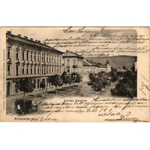1905 Kolozsvár, Cluj; Ferenc József út, zsinagóga, Máté és Makkay üzlete. Schuster Emil kiadása / street, synagogue, shops (EB)