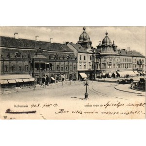 1903 Kolozsvár, Cluj; Mátyás király tér, Státus palota, Böckel, Reményik L. és Fiai, Jeney Lajos üzlete / square, palace, shops (szakadás / tear)