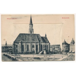 Kolozsvár, Cluj; Mátyás király tér. Schuster Emil kiadása, leporellólap 10 képpel / square. leporellocard with 10 pictures (fl)