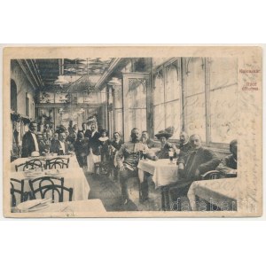 1914 Kolozsvár, Cluj; Rácz étterem, belső vendégekkel, katonával és pincérekkel. Zetán Péter kiadása / restaurant, interior with guests, K.u.K. soldier and waiters (ázott sarkak / wet corners)