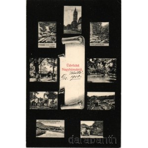 1910 Nagybánya, Baia Mare; részletek, vízesés a Szturi-völgyben, Szturi-patak részlet, Szent István torony. Steinfeld Móric és fia kiadása / multi-view postcard, waterfall, tower (EK)