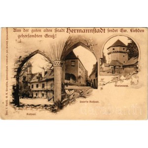 Nagyszeben, Hermannstadt, Sibiu; Rathaus, Unter'm Rathaus, Marienturm / Városháza, Mária-torony / town hall, tower. Art Nouveau, floral (Rb)