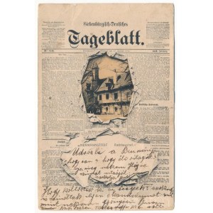 1902 Nagyszeben, Hermannstadt, Sibiu; Rathaushof. Siebenbürgisch-Deutsches Tageblatt / városháza udvara. Carl F. Jickeli kiadása, újságos montázs / town hall's courtyard. newspaper montage (fa)