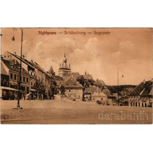 1932 Segesvár, Schässburg, Sighisoara; tér, Girscht üzlete, automobil / square, shops, automobile (EK)