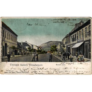 1901 Székelyudvarhely, Odorheiu Secuiesc; Kossuth utca, Dragomán üzlete. Gál János kiadása / street view, shops (lyukak / pinholes)