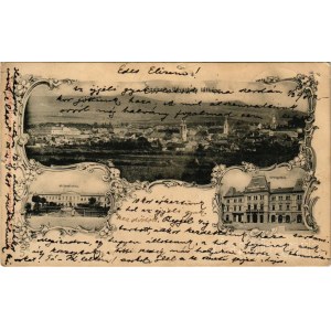 1901 Székelyudvarhely, Odorheiu Secuiesc; látkép, állami főreáliskola, Vármegyeháza. Gyertyánffy Gábor kiadása / general view, school, county hall. Art Nouveau, floral (lyukak / pinholes)