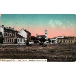 1912 Székelyudvarhely, Odorheiu Secuiesc; Nagy piactér, Unitárius templom, Erzsébet szálloda. Sterba Ödön kiadása / market square, Unitarian church (kis szakadás / small tear)