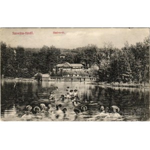 1913 Szováta, Szovátafürdő, Baile Sovata; Medve-tó, fürdőzők. Schuster Emil kiadása / Lacul Ursu / lake, bathers (kis szakadás / small tear)