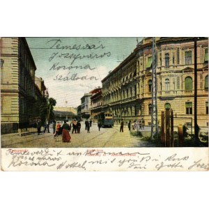 1904 Temesvár, Timisoara; Gyárváros, Andrássy út, villamos / Fabric, street view, tram (EK)