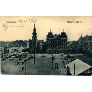 1910 Temesvár, Timisoara; Kossuth Lajos tér, piac, templom, Csendes és Fischer, Adler Ignác, Schneider üzlete. Gerő Manó kiadása W.L. Bp. 2027. / market square, shops, church (fl)