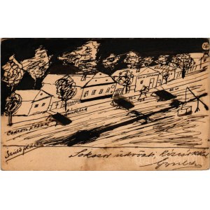 1908 Cabaj, Cabajcsápor, Czabaj, Cabaj-Cápor; kézzel rajzolt képeslap, bor és sörcsarnok, híd, Cedron patak / hand-drawn postcard with pub, winery, bridge, creek