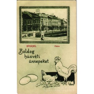Eperjes, Presov; Fő utca, Központi kávéház, üzletek. Divald Károly fia kiadása. Húsvéti üdvözlettel / main street, café, shops with Easter greeting (EK)