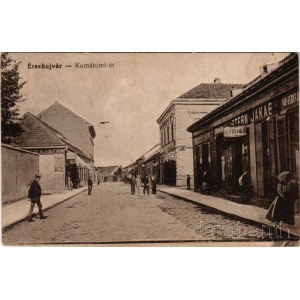 1917 Érsekújvár, Nové Zámky; Komáromi út, Stern Jakab üzlete. Vasúti levelezőlapárusítás 186. / street, shops (fl)