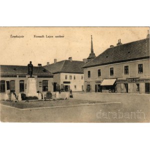 1927 Érsekújvár, Nové Zámky; Kossuth Lajos tér és Kossuth szobor, Ethey Károly, Fried, Lieb üzlete, Hangos István Őrangyal temetkezési vállalata. Coulegner J. és fia kiadása / square, statue, shops, funeral company