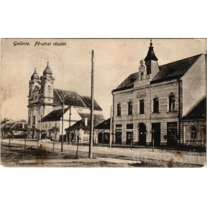 Galánta, Fő utca, templom, Takarékpénztár, üzletek. Első Galántai Könyvnyomda kiadása / main street, church, savings bank, shops (EM)