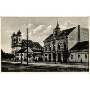 1933 Galánta, Galanta; Fő utca, templom, takarékpénztár, üzletek / main street, church, savings bank, shops (EK)