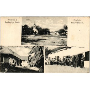 1927 Ipolykeszi, Kosihy nad Iplom; Kostel, Zámek pana Kondora, Hostinec / templom, Kondor kúria (Laszkáry kastély), vendéglő, csehszlovák katonák / church, castle, villa, restaurant, Czechoslovak soldiers (fl)