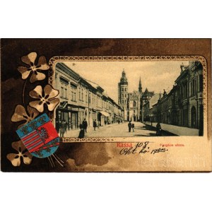 1899 Kassa, Kosice; Forgács (Forgách) utca, székesegyház, üzletek. Nyulászi Béla kiadása, szecessziós litho keret címerrel és lóherével / street, cathedral, shops. Art Nouveau, litho frame with coat of arms and clovers (EK)