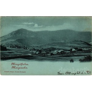 1900 Margitfalva, Margitfalu, Margitany, Margecany; látkép, vasútállomás este holdfényben. Schmidt Edgar / general view at night in moonlight, railway station (EK)