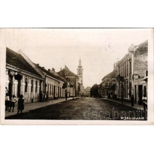 Belovár, Bjelovar; utca, üzletek, templom / street view, shops, church (fl)