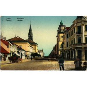1914 Eszék, Essegg, Osijek; Gornji Grad / Oberstadt / utca, zsinagóga, üzletek / street view, synagogue, shops (EK)