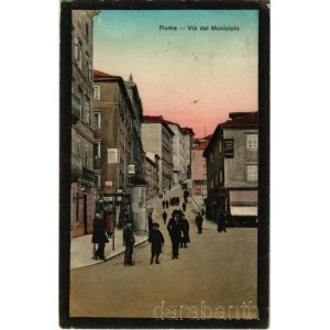 1914 Fiume, Rijeka; Via del Municipio / street view, shops, dentist (ázott sarkak / wet corners)