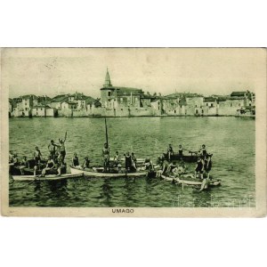 1927 Umag, Umago; strand, fürdőzők csónakokkal / beach, bathers with rowing boats (EB)