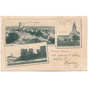 1901 Bács, Batsch, Bac; látkép, apácazárda, templom, vár. Risz Menyhért kiadása / general view, church, nunnery, castle ruins. Art Nouveau (fl)