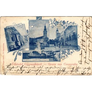 1900 Cservenka, Crvenka; szálloda, Ferenc csatorna részlet, Fő tér, templomok este holdfényben. Berger Sándor kiadása, szecessziós-virágos keret / hotel, canal, main square, churches at night in moonlight. Art Nouveau, floral (fl)