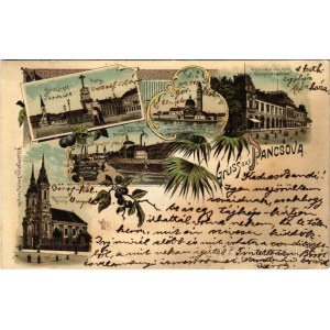 1898 Pancsova, Pancevo; Franz Josef-Platz, Griech.-ort. Kirche, Gebäude d. röm. kath. Kirchen Gemeinde, Temes-Ufer mit d. M. Weifert's Bräuhaus / Ferenc József tér, Görögkeleti (ortodox) templom, Római katolikus egyház palotája, Temes-part sörgyárral. Més