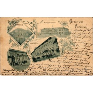 1898 Pancsova, Pancevo; Polgári Lövölde, F. Mayer bérháza, Rossmann cukrászdája, Állami Gimnázium / shooting hall, house, confectionery, grammar school, Art Nouveau, floral (vágott / cut)
