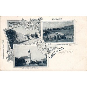 1901 Titel, Községháza, Hajóhíd (pontonhíd), Római katolikus templom. Nonnenmacher Endre kiadása, szecessziós-virágos keret / Gemeindehaus, Schiffsbrücke, Röm.-kath. Kirche / town hall, pontoon bridge, Catholic church. Art Nouveau, floral (gyűrődés / crea